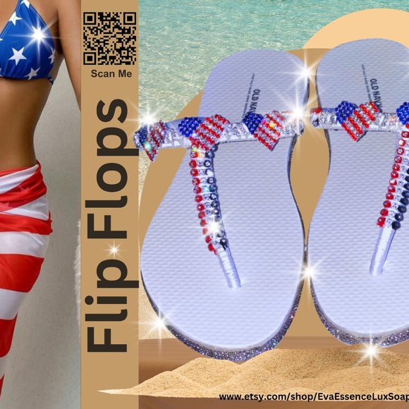 Flip Flops, T-Strap Flip Flops, Women Sandals, Ladies Shoes, Independence Day - Picture 3 of 16